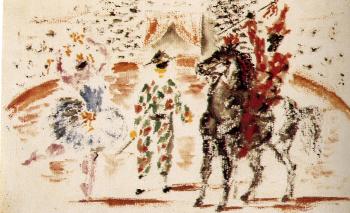 Pablo Picasso : harlequin on the stage with dancer and rider